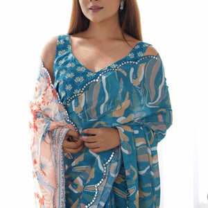 Light Teal Floral Printed Chinon Saree
