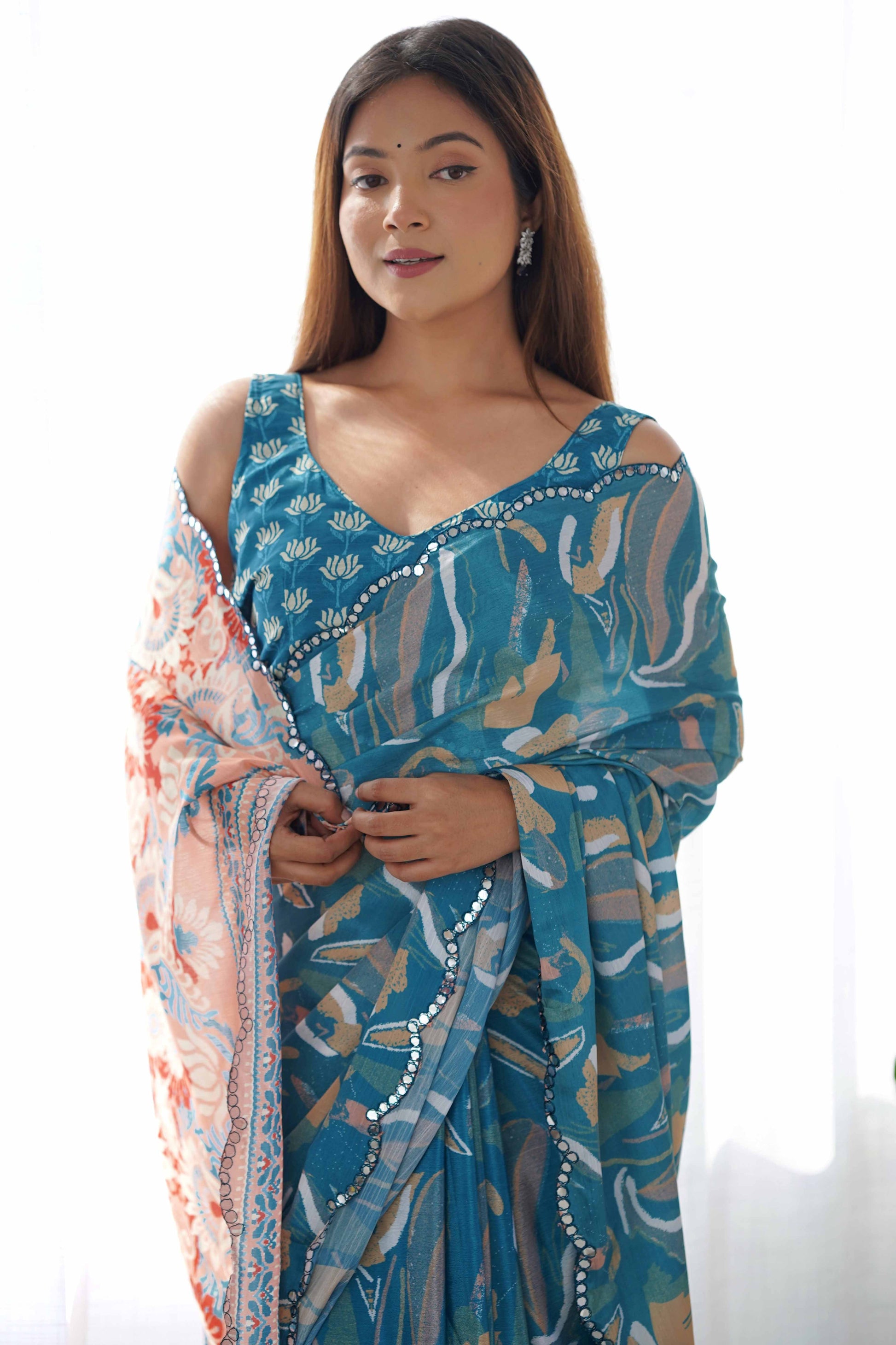 Light Teal Floral Printed Chinon Saree