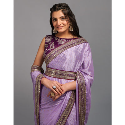 Light Purple Foil Printed With Embroidered Border Chinon Saree