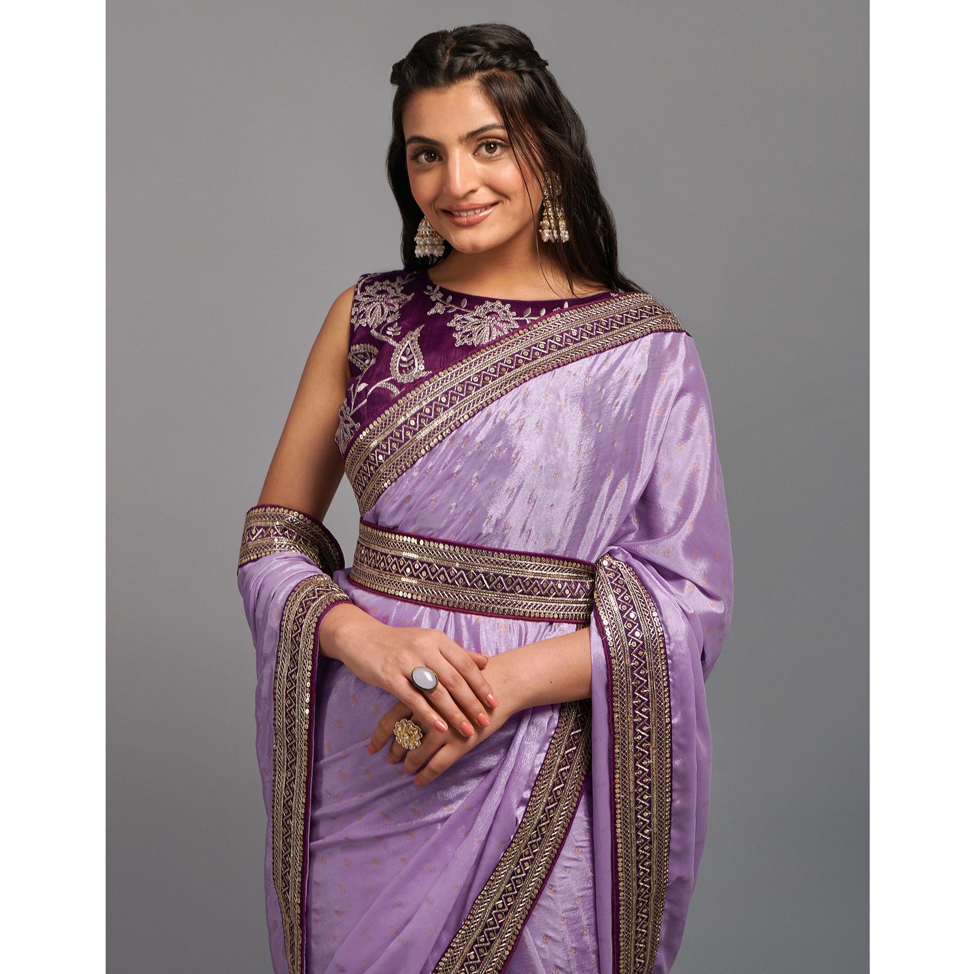 Light Purple Foil Printed With Embroidered Border Chinon Saree