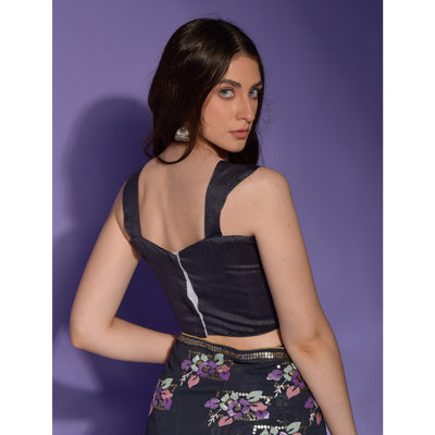 Dark Grey Floral Sequins Embroidered Georgette Saree