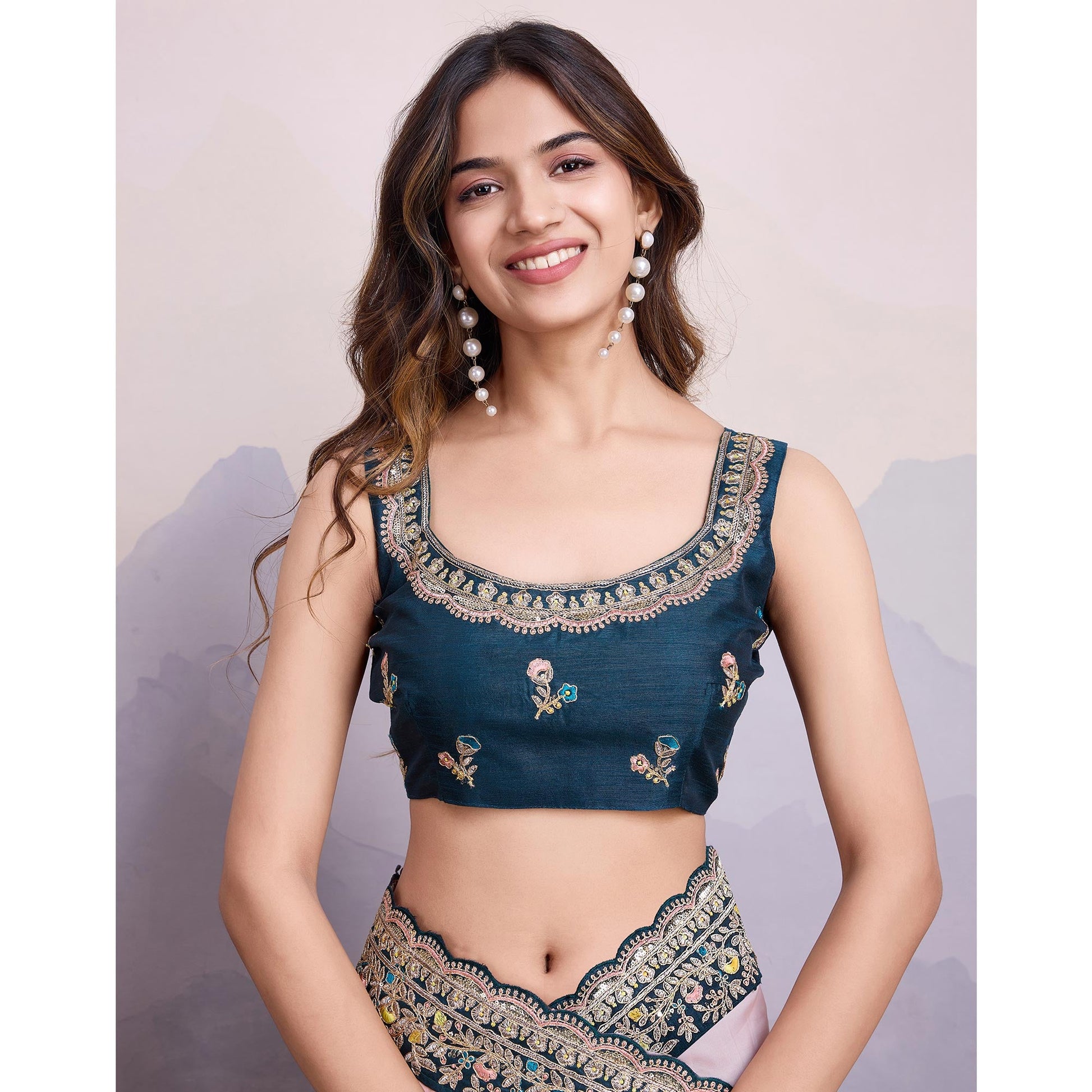 Light Peach Floral Sequins Embroidered Organza Saree With Lace Border