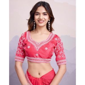 Gajari Pink Floral Sequins Embroidered Organza Saree With Lace Border