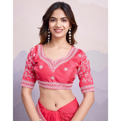 Gajari Pink Floral Sequins Embroidered Organza Saree With Lace Border