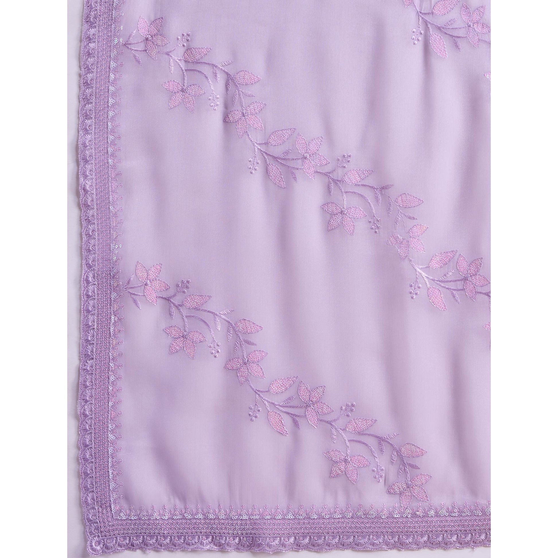 Light Purple Floral Sequins Embroidered Chiffon Saree