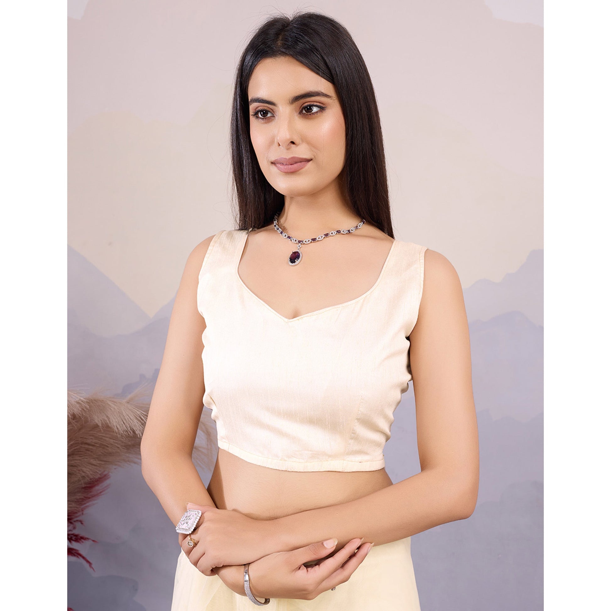 Cream Floral Thread Embroidered Net Saree