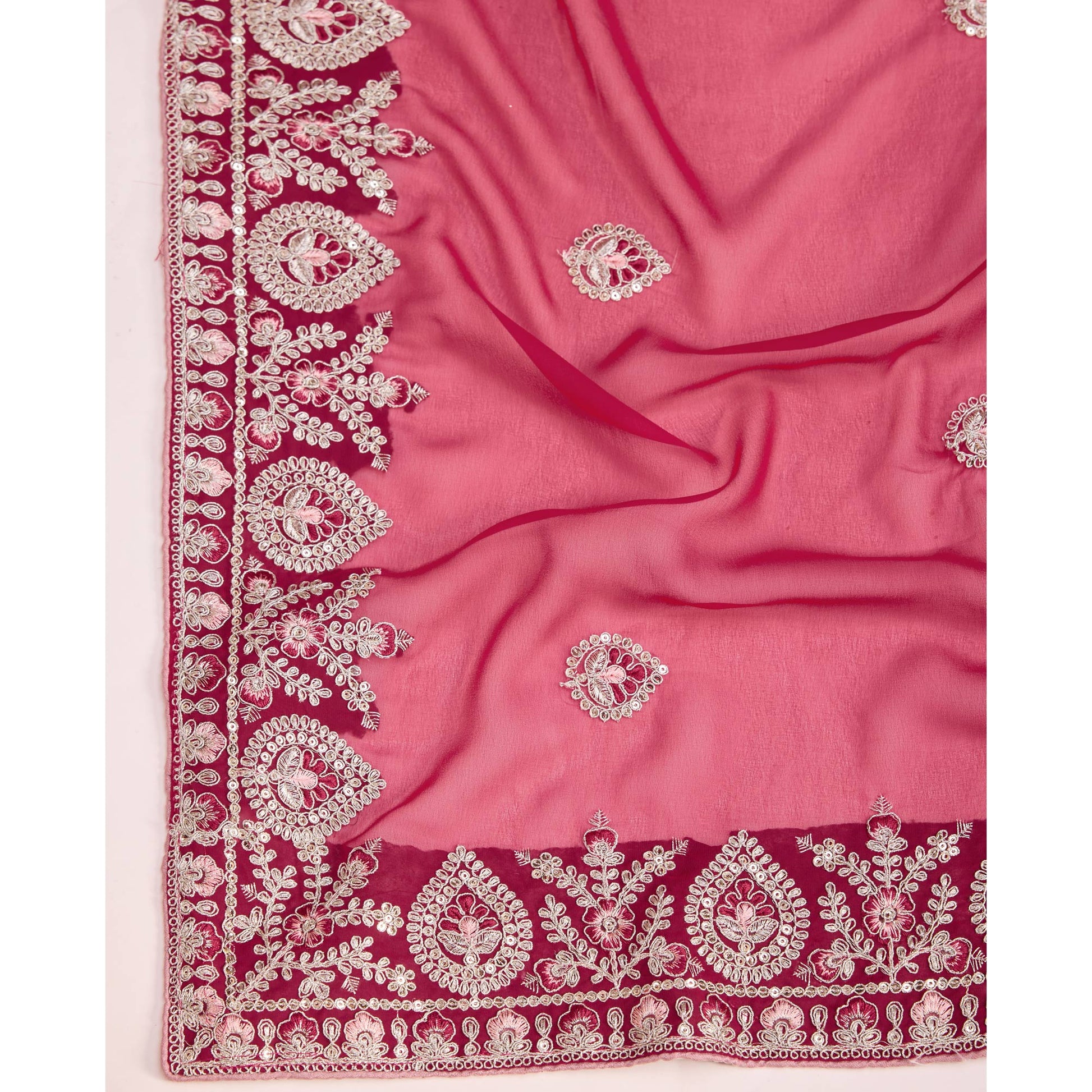 Dark Magenta Floral Sequins Embroidered Georgette Saree
