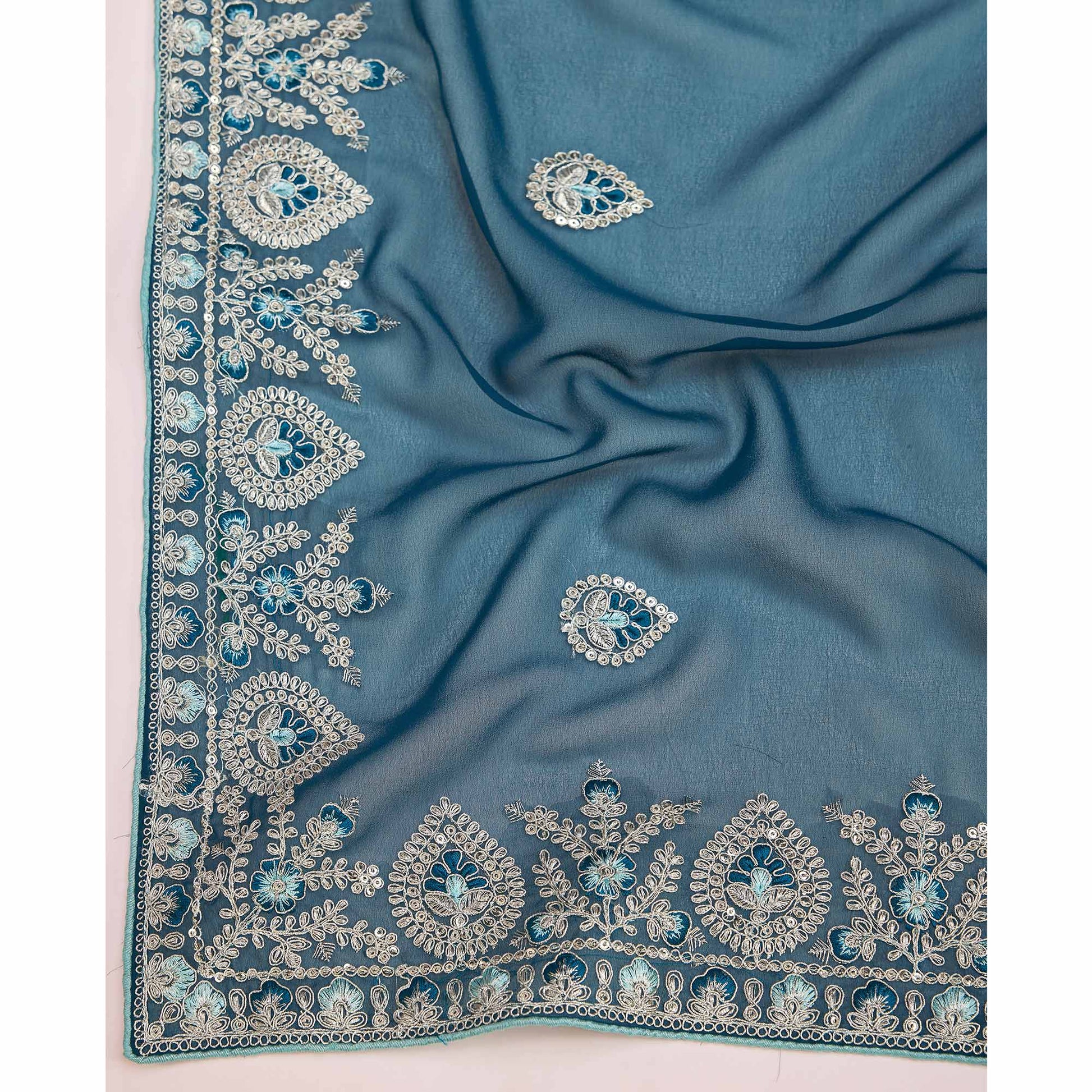 Morpich Blue Floral Sequins Embroidered Georgette Saree