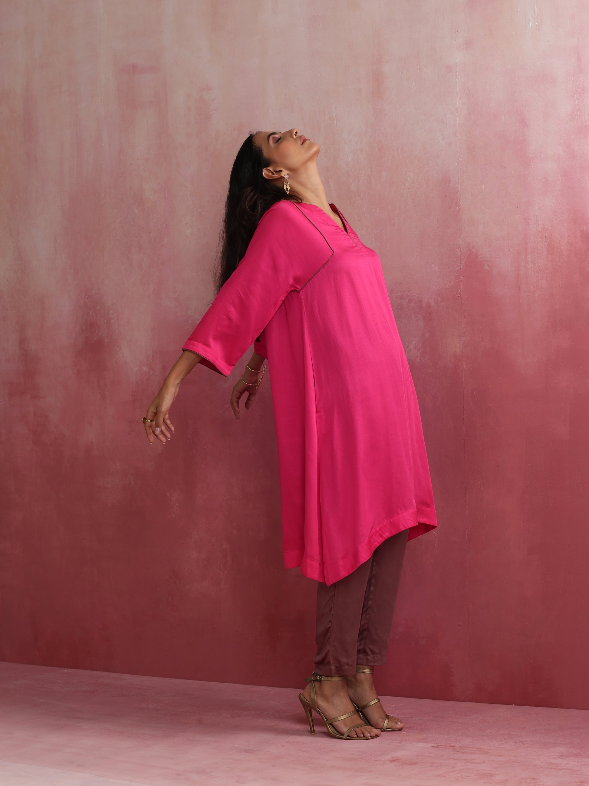 trueBrowns Pink Modal Kimono Kurta Co-ord Set