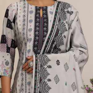 Grey Printed Silk Blend Straight Suit With Dupatta