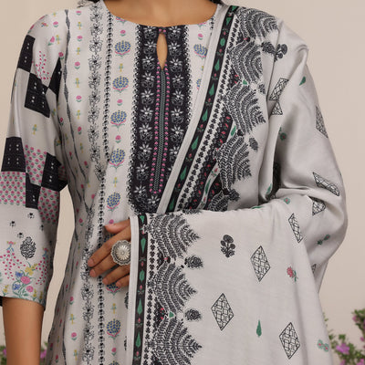 Grey Printed Silk Blend Straight Suit With Dupatta