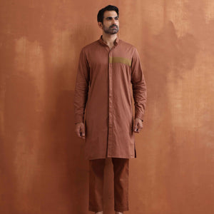 trueBrowns Men's Brown Cotton Front Open Kurta