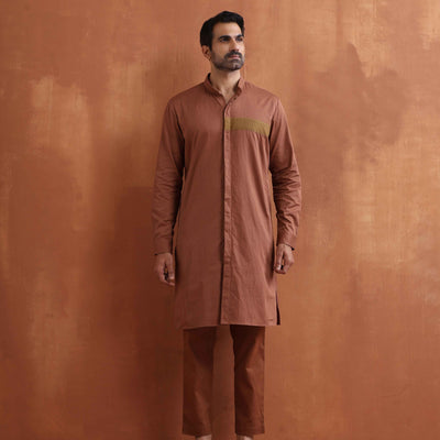 trueBrowns Men's Brown Cotton Front Open Kurta
