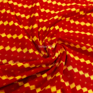 Red With Yellow Squre Design Sambalpuri Ikat  Cotton Fabric