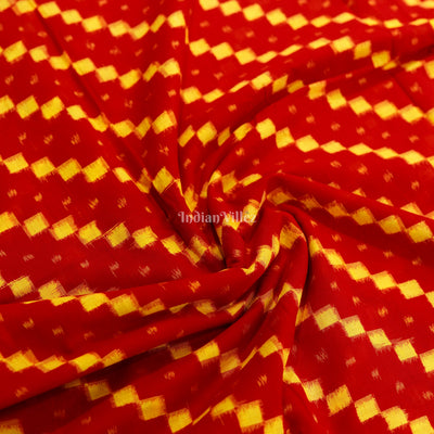 Red With Yellow Squre Design Sambalpuri Ikat  Cotton Fabric