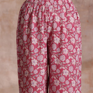 Pink Green Floral On White Block Print Cotton Slit Kurta Pant Set | Relove