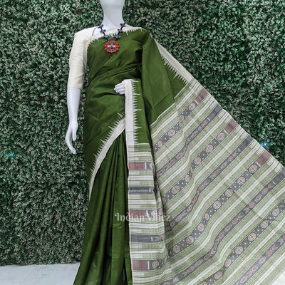 Mehendi Green White Hazar Buti Bomkai Tussar Silk Saree with Sarabandha Anchal