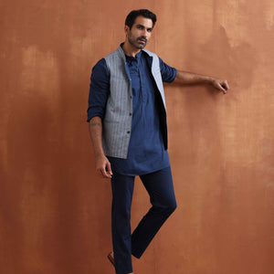 trueBrowns Men's Blue Chanderi Reversible Nehru Jacket