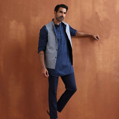 trueBrowns Men's Blue Chanderi Reversible Nehru Jacket