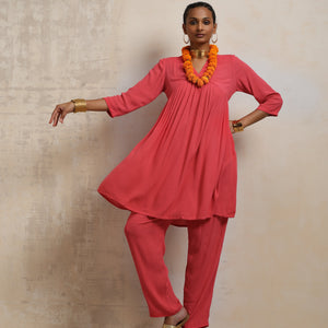 trueBrowns Peach Crinkle Flared Kurta Co-ord Set