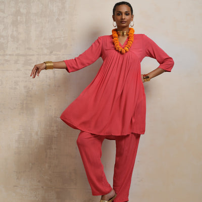 trueBrowns Peach Crinkle Flared Kurta Co-ord Set