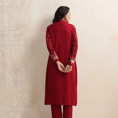 trueBrowns Red Kashmiri Woollen Jacket 3pc Set