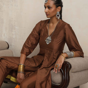 trueBrowns Brown Silk Slit Kurta Set