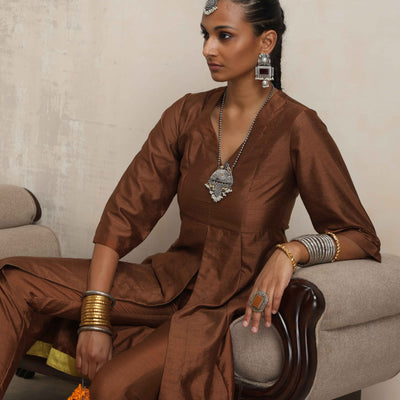 trueBrowns Brown Silk Slit Kurta Set