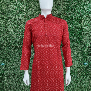 Red Pasapali Sambalpuri Ikat Cotton Long Kurta For Men