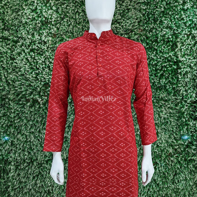 Red Pasapali Sambalpuri Ikat Cotton Long Kurta For Men