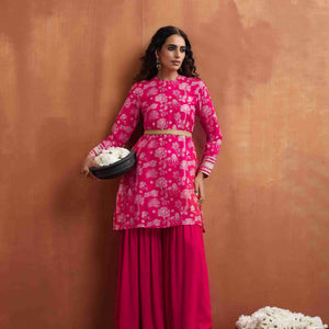 trueBrowns Red Print Sharara Set