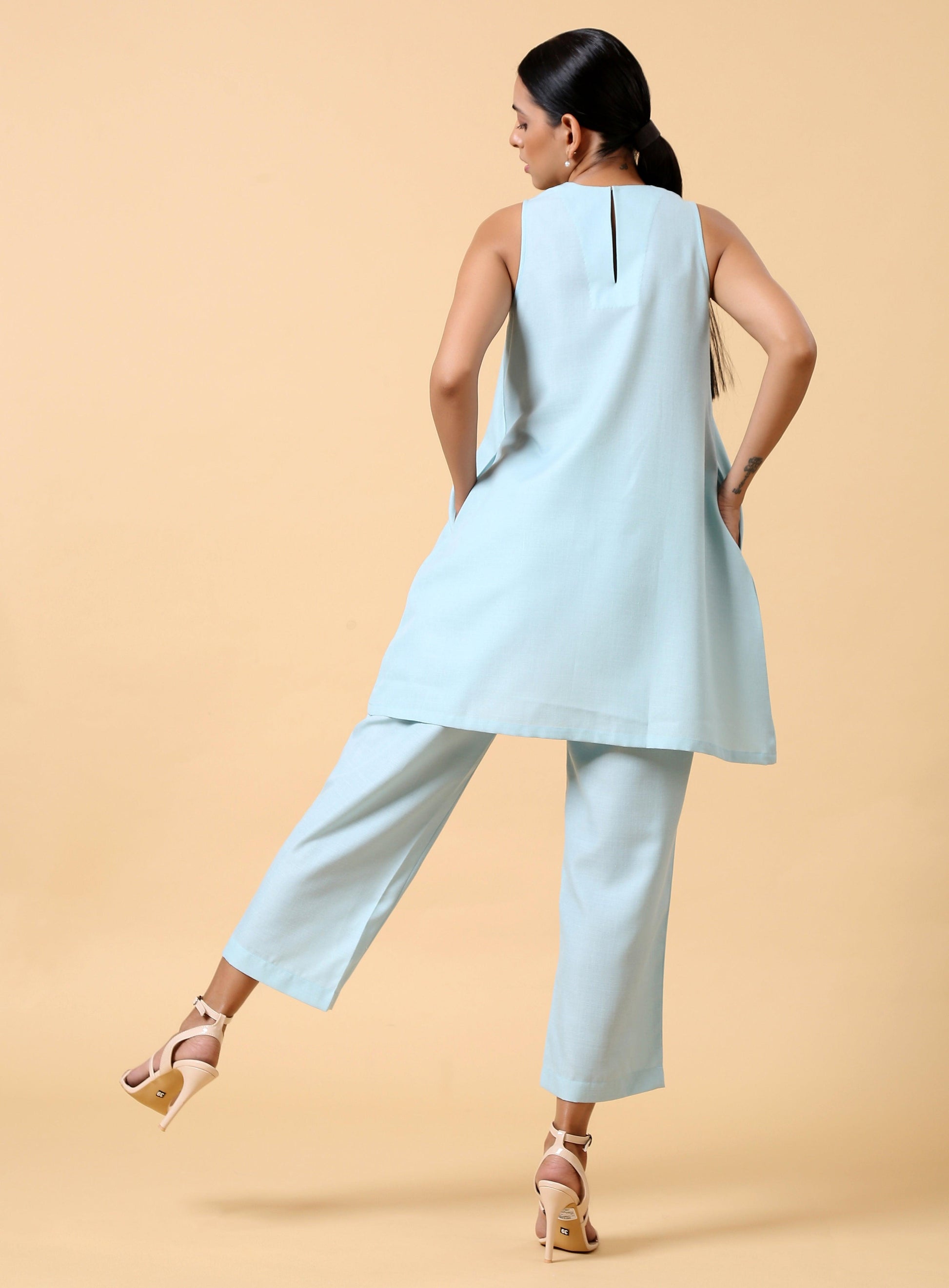 Cotton Linen Light Blue Sleeveless Co-Ord Set | Relove