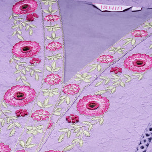 Purple Floral Embroidered Schiffli Pure Cotton Kurta With Trousers & Dupatta