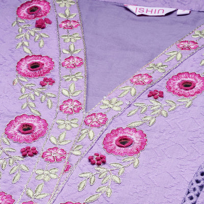 Purple Floral Embroidered Schiffli Pure Cotton Kurta With Trousers & Dupatta