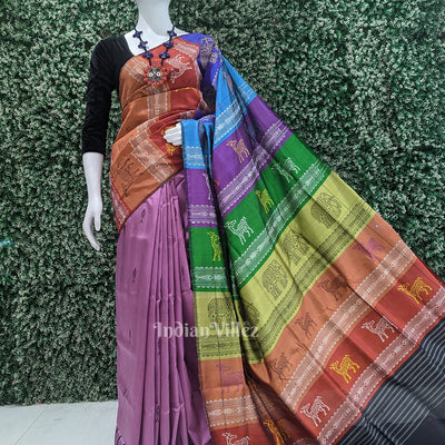 Onion Pink Black with Fish Motif Double Pallu Berhampuri Silk Saree