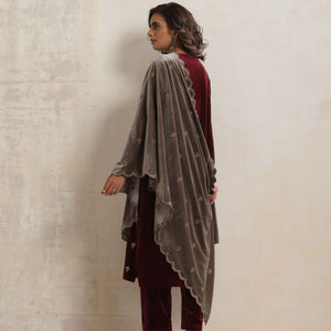 trueBrowns Maroon Velvet Embroidered Kurta Pant Dupatta Set