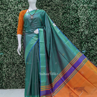 Light Blue Orange Pure Bishnupuri Silk Saree