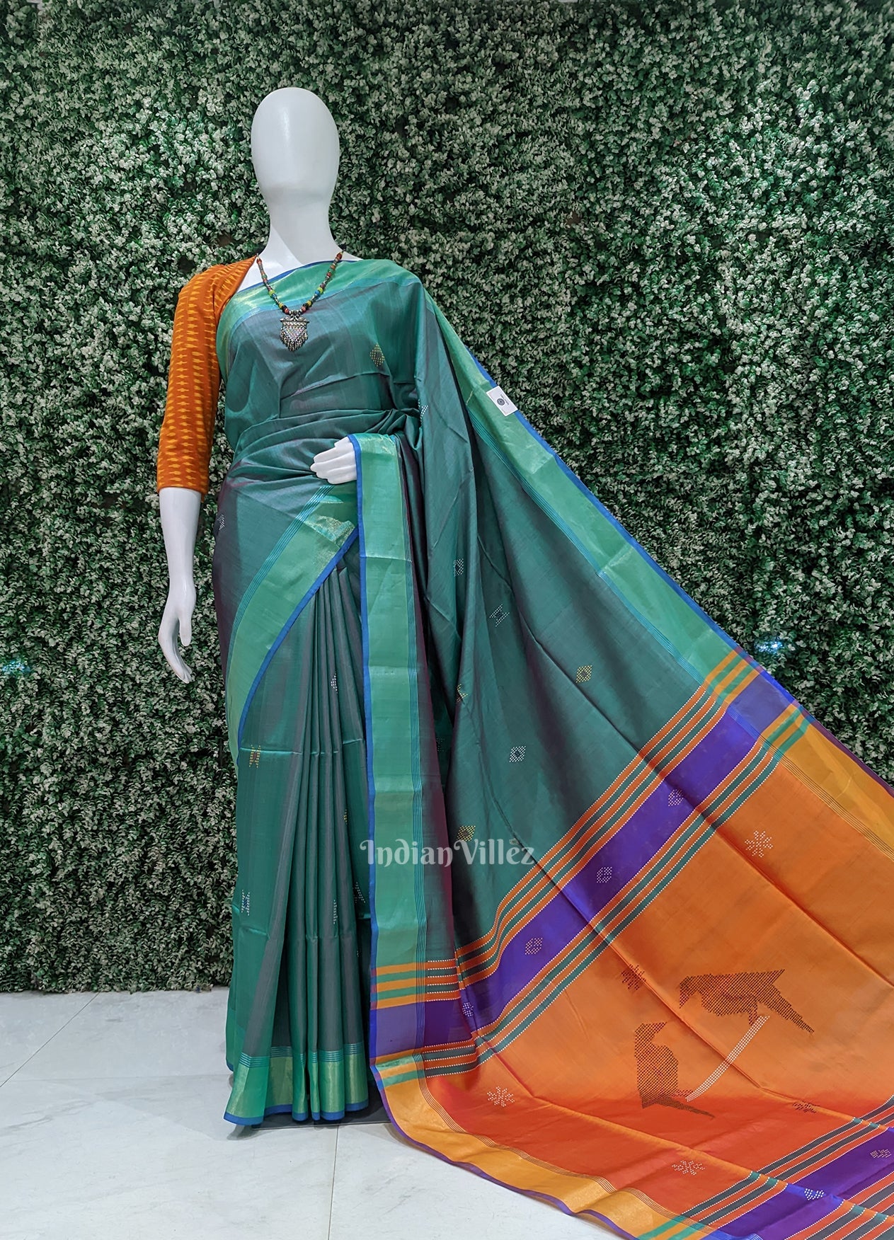 Light Blue Orange Pure Bishnupuri Silk Saree