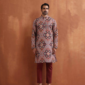 trueBrowns Men's Rust Geometric Printed Kurta