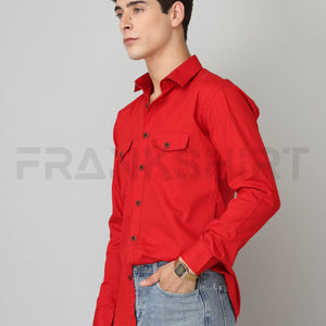 Frankshirt Double Pocket Red Solid Tailored Fit Cotton Casual Shirt for Man