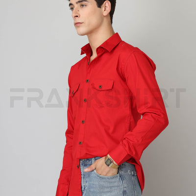 Frankshirt Double Pocket Red Solid Tailored Fit Cotton Casual Shirt for Man