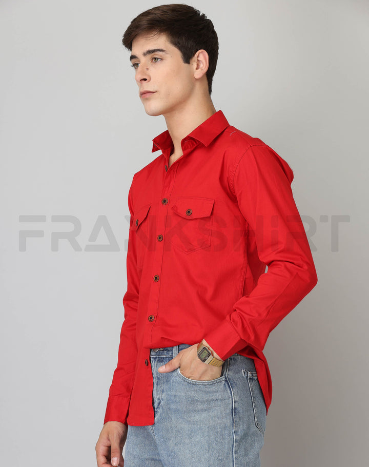 Frankshirt Double Pocket Red Solid Tailored Fit Cotton Casual Shirt for Man