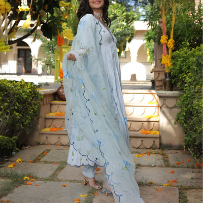 Blue Blossom Handpainted Cotton Silk Suit Set