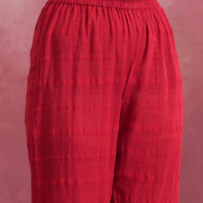 trueBrowns Red Cotton Dobby Flared Kurta Set
