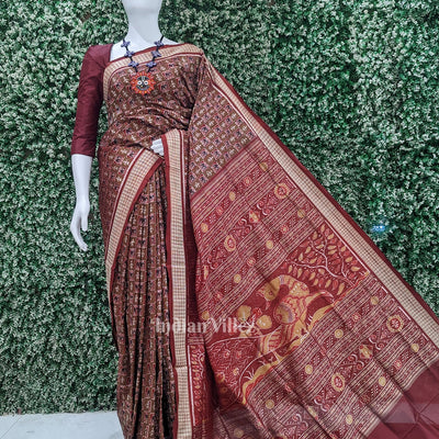 Golden Maroon Elephant Theme Sambalpuri Silk Saree