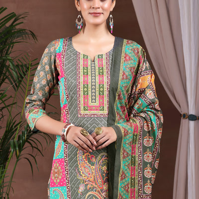 Grey Printed Poly Crepe Straight Suit With Dupatta
