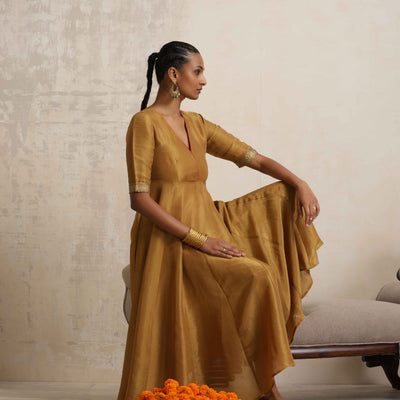 trueBrowns Gold Tissue Flared Anarkali Kurta Set