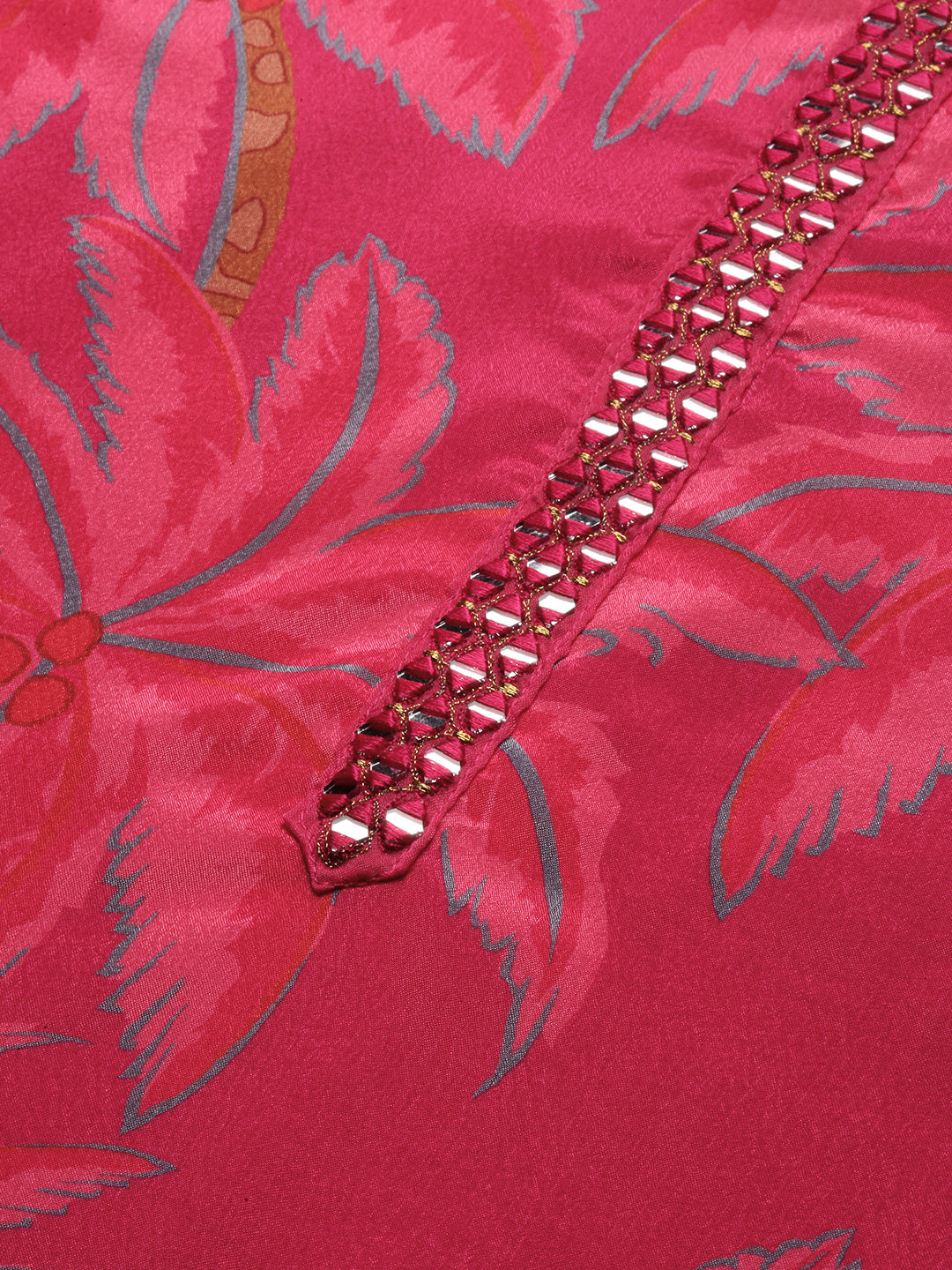 Floral Printed Round Neck Mirror Work Straight Kurta with Trousers & Dupatta