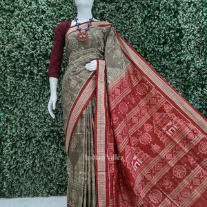 Beige Cream Red Konark Theme Odisha Ikat Sambalpuri Silk Saree