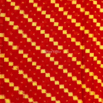 Red With Yellow Squre Design Sambalpuri Ikat  Cotton Fabric